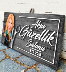 BK Gift Kişiye Özel Güzellik Salonu Karikatürlü Gri Dekoratif Ahşap Tabela
