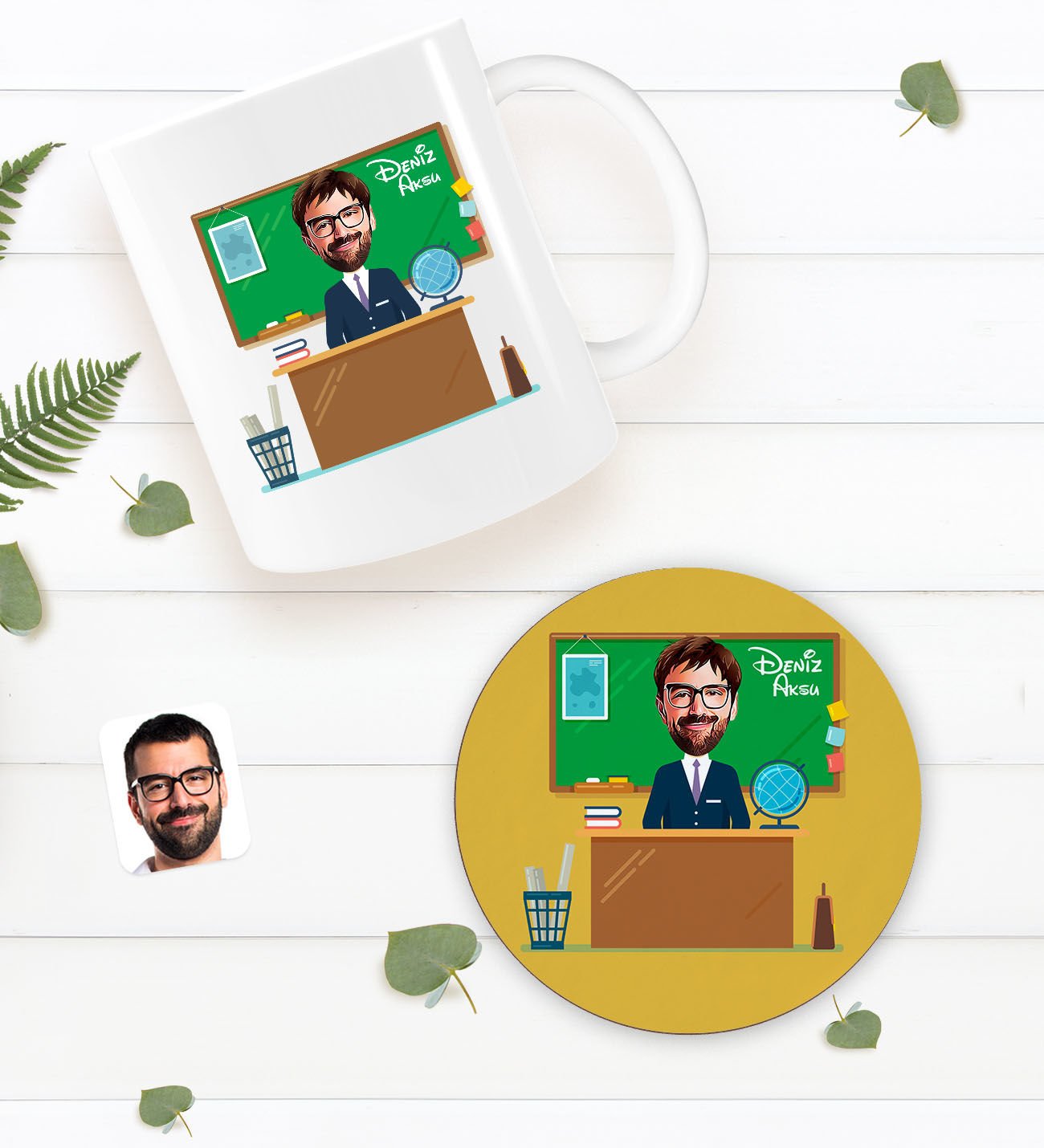 BK Gift Kişiye Özel Coğrafya Öğretmeni Karikatürlü Beyaz Kupa Bardak ve Yuvarlak Ahşap Bardak Altlığı Hediye Seti -2