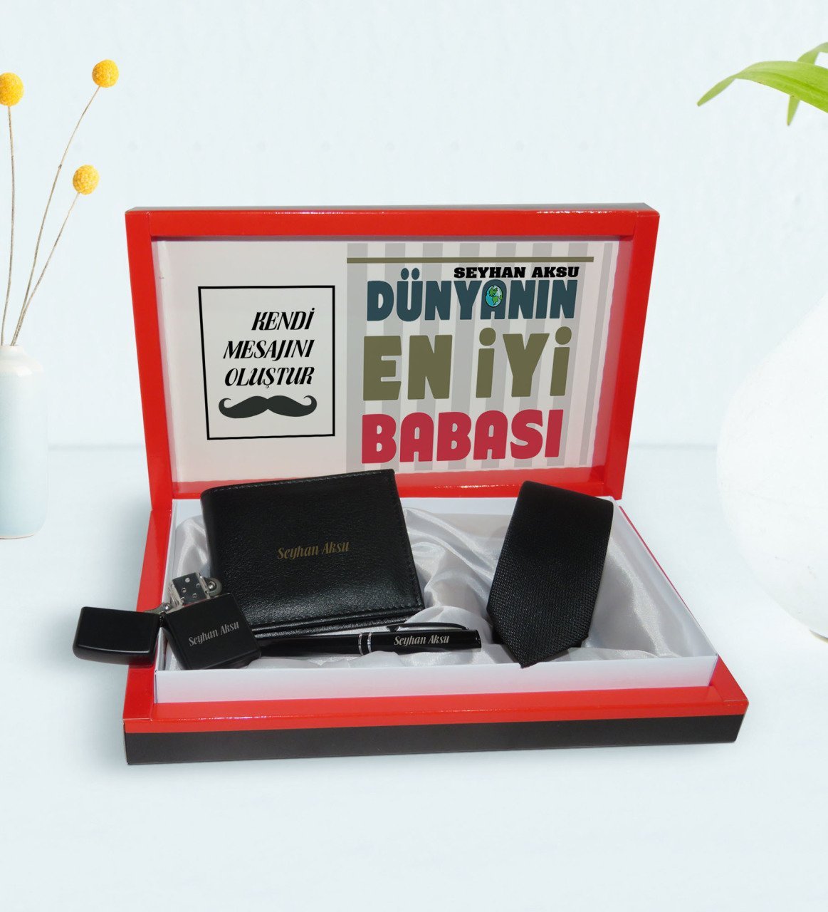 Kişiye Özel Dünyanın En İyi Babası Tasarımlı Mesajlı Kutuda Cüzdan Kravat Çakmak ve Kalem Hediye Seti-1