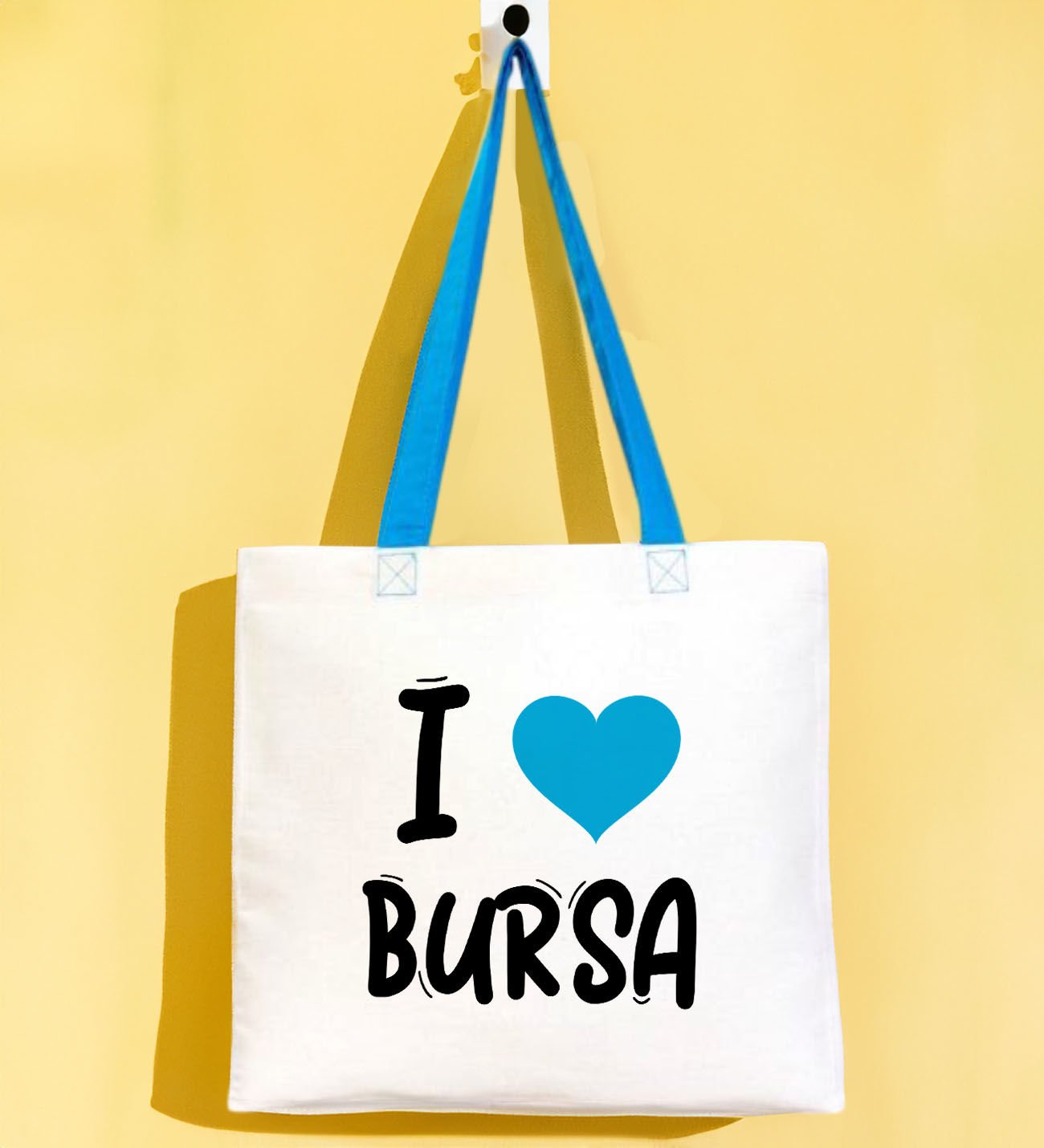 BK Gift I Love Bursa Turkuaz Renkli Kulp Gabardin Bez Çanta 40x35cm, Baskılı Omuz Çantası, Alışveriş Çantası, Plaj Çantası