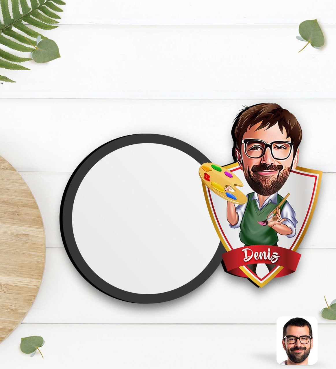 Kişiye Özel Erkek Ressam Karikatürlü Ahşap Bardak Altlığı-1