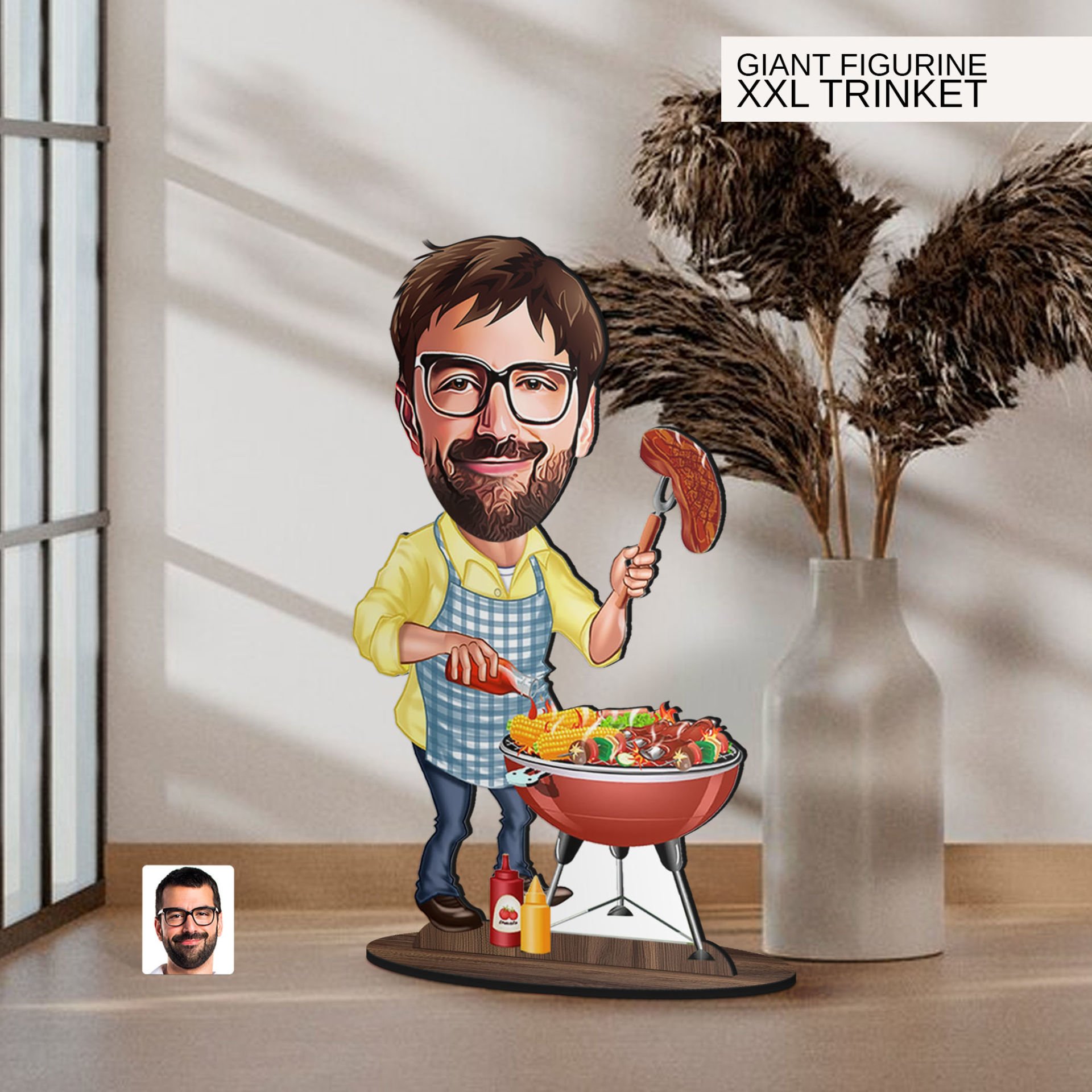 BK Gift Kişiye Özel Mangalcı Karikatürlü Büyük Boy Ahşap Biblo-1 Arkadaşa Hediye , Sevgiliye Hediye, Kişiye Özel Biblolar