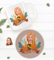BK Gift Kişiye Özel Öğretmen Karikatürlü Beyaz Kupa Bardak ve Yuvarlak Ahşap Bardak Altlığı Hediye Seti -2