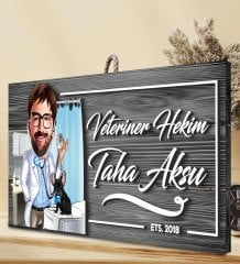 BK Gift Kişiye Özel Veteriner Karikatürlü Gri Dekoratif Ahşap Tabela