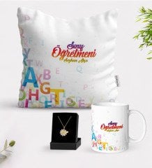 Kişiye Özel Sınıf Öğretmeni Beyaz Kupa Yastık ve İsimli Papatya Kolye Hediye Seti-13