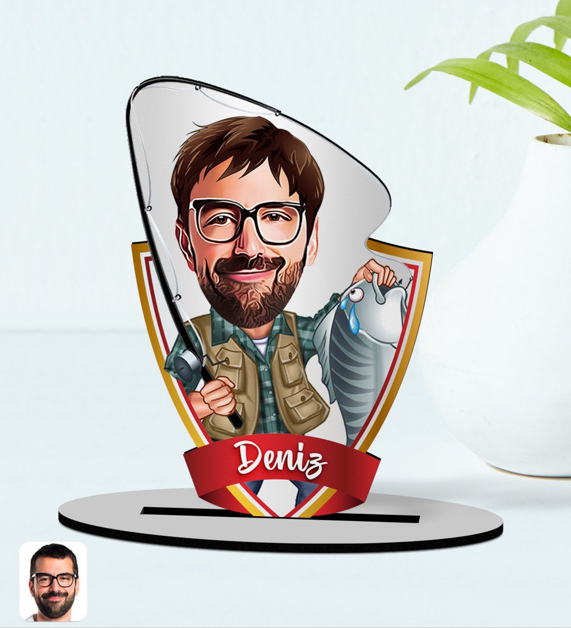 Kişiye Özel İsimli Erkek Balıkçı Karikatürlü Ahşap Biblo Model-1