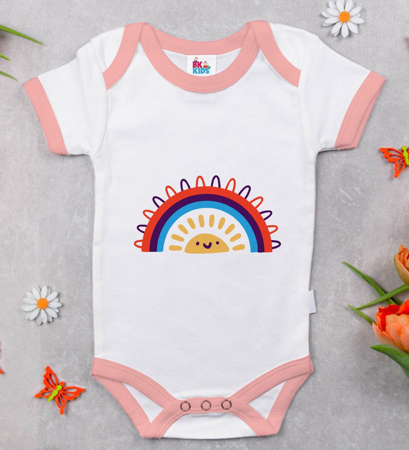 BK Kids Gökkuşağı Tasarımlı Pembe Bebek Body Zıbın-1