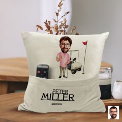 BK Gift Kişiye Özel Golf Oyuncusu Karikatür Tasarımlı Organizer Kumanda ve Atıştırmalık Cepli Sarı Kırlent Yastık-7 Arkadaşa Hediye, Cepli Yastık