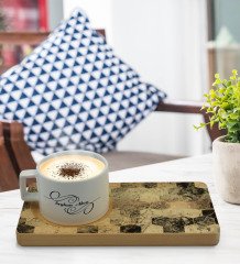 Kişiye Özel Mermer Tasarımlı Doğal Ahşap Tabaklı Seramik Fincan Sunum Seti  Model 15