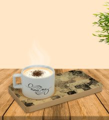 Kişiye Özel Mermer Tasarımlı Doğal Ahşap Tabaklı Seramik Fincan Sunum Seti  Model 15