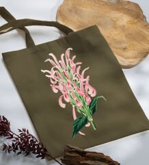 BK Gift Çiçek Tasarımlı-8 Haki Kumaş Bez Çanta, Baskılı Omuz Çantası, Alışveriş Çantası, Arkadaşa Hediye