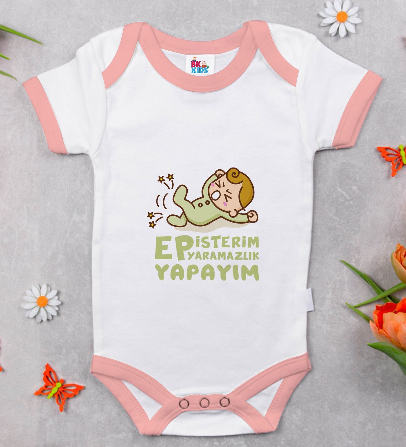 BK Kids Ep İsterim Tasarımlı Pembe Bebek Body Zıbın-2