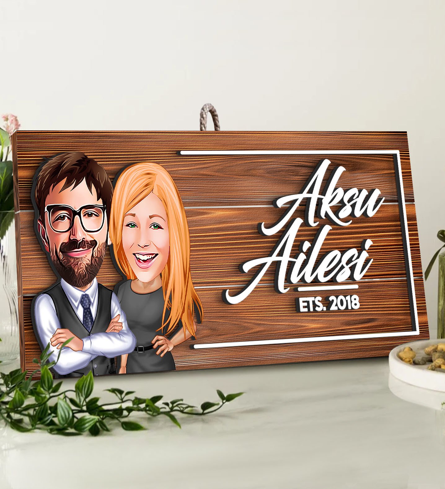 BK Gift Kişiye Özel Aile Karikatürlü Dekoratif Ahşap Tabela