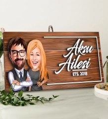 BK Gift Kişiye Özel Aile Karikatürlü Dekoratif Ahşap Tabela