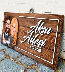 BK Gift Kişiye Özel Aile Karikatürlü Dekoratif Ahşap Tabela