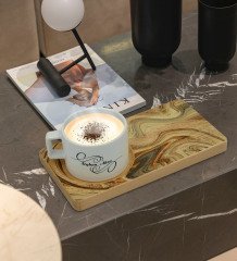 Kişiye Özel Mermer Tasarımlı Doğal Ahşap Tabaklı Seramik Fincan Sunum Seti  Model 16