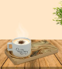 Kişiye Özel Mermer Tasarımlı Doğal Ahşap Tabaklı Seramik Fincan Sunum Seti  Model 16