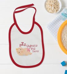 BK Kids Kişiye Özel Uykucu Kız Tasarımlı Kırmızı Bebek Mama Önlüğü-1
