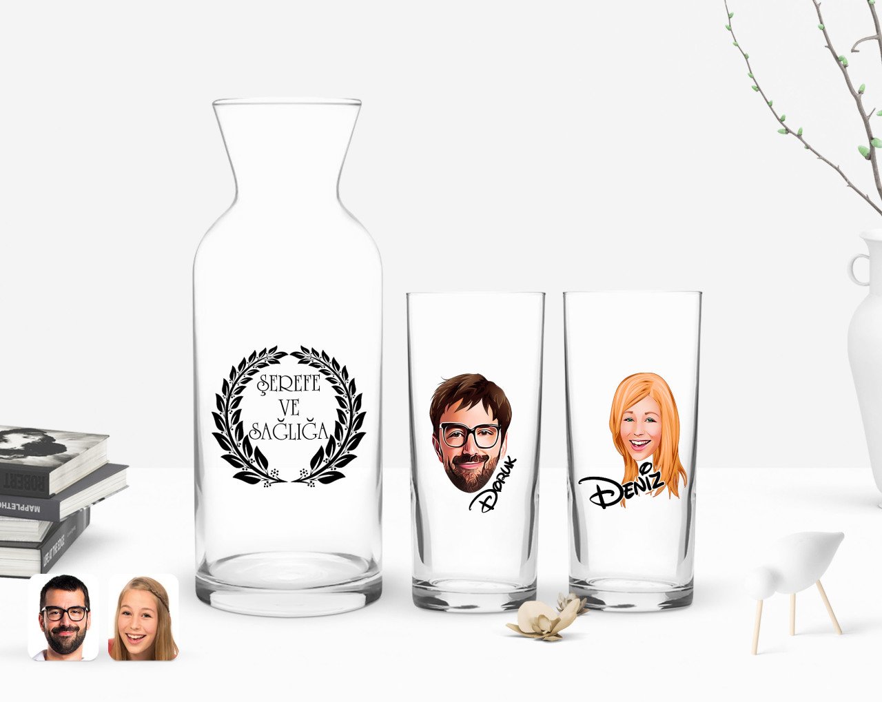 Kişiye Özel Renkli Baskılı Erkek ve Kadın Yüz Karikatürlü İkili Rakı Bardağı ve Karaf Hediye Seti-1