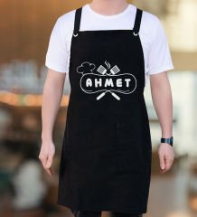 BK Gift Kişiye Özel İsimli Chef Tasarımlı Profesyonel Siyah Mutfak Önlüğü, Aşçı Önlüğü, Şef Önlüğü, Arkadaşa Hediye-10