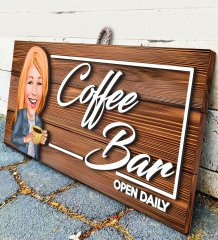 BK Gift Kişiye Özel Coffee Bar Karikatürlü Dekoratif Ahşap Tabela