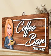 BK Gift Kişiye Özel Coffee Bar Karikatürlü Dekoratif Ahşap Tabela