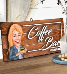 BK Gift Kişiye Özel Coffee Bar Karikatürlü Dekoratif Ahşap Tabela