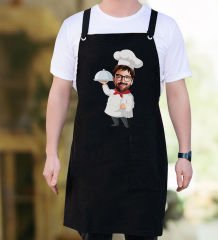 BK Gift Kişiye Özel Erkek Chef Karikatürlü Profesyonel Siyah Mutfak Önlüğü, Aşçı Önlüğü, Şef Önlüğü, Arkadaşa Hediye-1