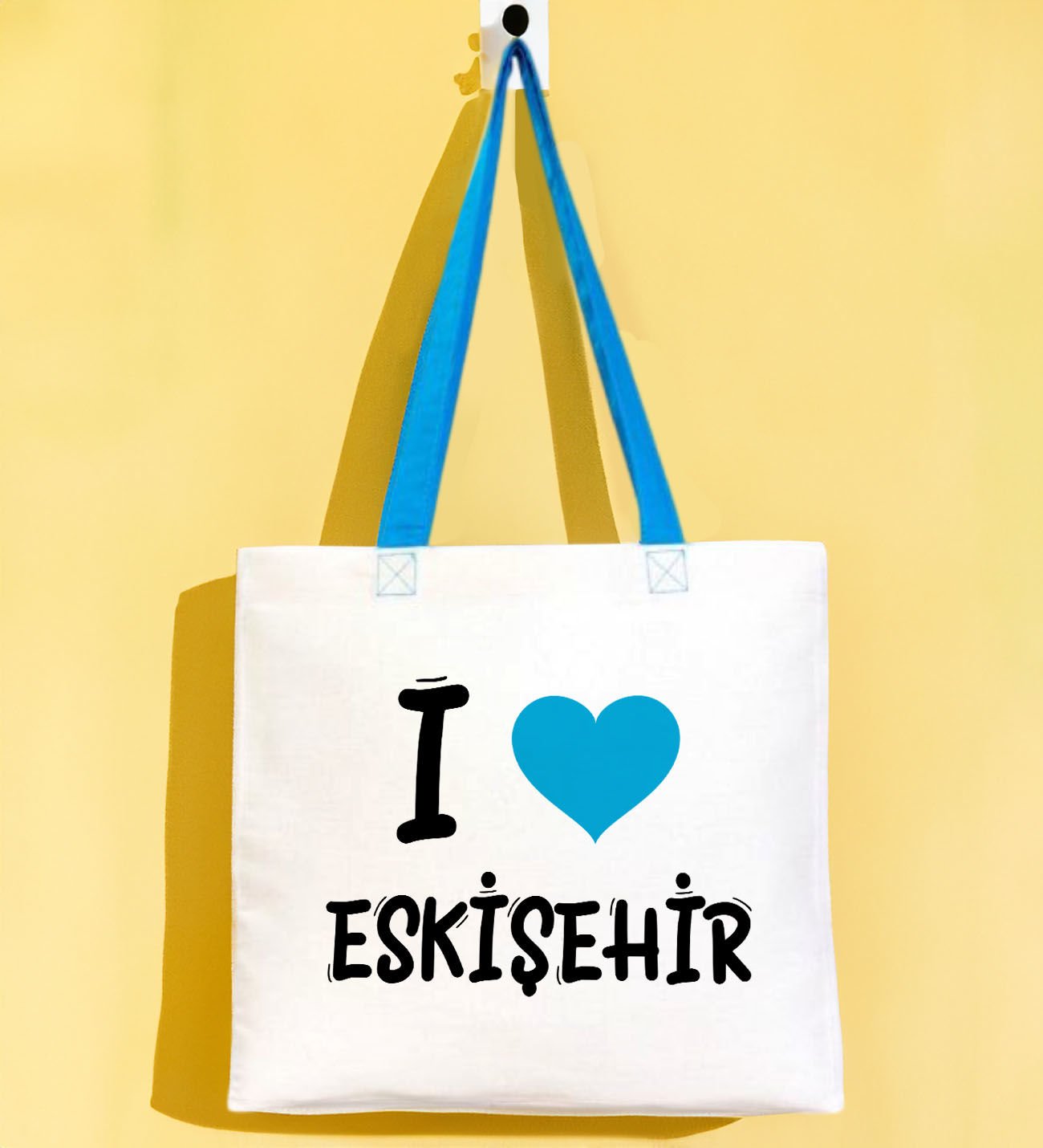 BK Gift I Love Eskişehir Turkuaz Renkli Kulp Gabardin Bez Çanta 40x35cm, Baskılı Omuz Çantası, Alışveriş Çantası, Plaj Çantası