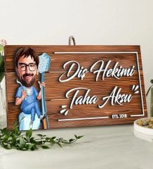 BK Gift Kişiye Özel Diş Hekimi Karikatürlü Dekoratif Ahşap Tabela