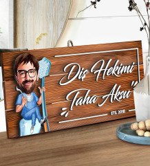 BK Gift Kişiye Özel Diş Hekimi Karikatürlü Dekoratif Ahşap Tabela