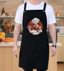 BK Gift Kişiye Özel Erkek Chef Karikatürlü Profesyonel Siyah Mutfak Önlüğü, Aşçı Önlüğü, Şef Önlüğü, Arkadaşa Hediye-2