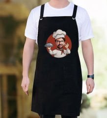 BK Gift Kişiye Özel Erkek Chef Karikatürlü Profesyonel Siyah Mutfak Önlüğü, Aşçı Önlüğü, Şef Önlüğü, Arkadaşa Hediye-2