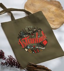 BK Gift İstanbul Tasarımlı-1 Haki Kumaş Bez Çanta, Baskılı Omuz Çantası, Alışveriş Çantası, Arkadaşa Hediye