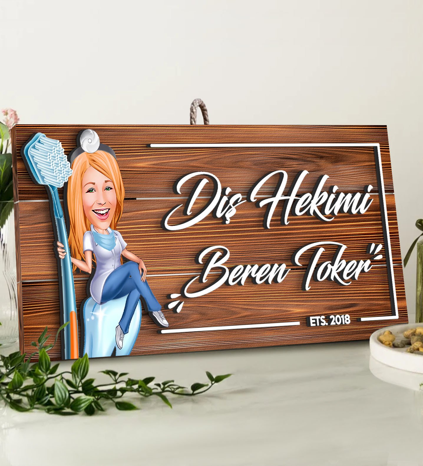 BK Gift Kişiye Özel Diş Hekimi Karikatürlü Dekoratif Ahşap Tabela-2
