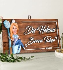 BK Gift Kişiye Özel Diş Hekimi Karikatürlü Dekoratif Ahşap Tabela-2