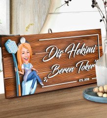 BK Gift Kişiye Özel Diş Hekimi Karikatürlü Dekoratif Ahşap Tabela-2