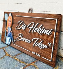 BK Gift Kişiye Özel Diş Hekimi Karikatürlü Dekoratif Ahşap Tabela-2
