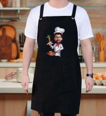 BK Gift Kişiye Özel Erkek Chef Karikatürlü Profesyonel Siyah Mutfak Önlüğü, Aşçı Önlüğü, Şef Önlüğü, Arkadaşa Hediye-3