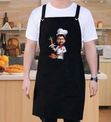 BK Gift Kişiye Özel Erkek Chef Karikatürlü Profesyonel Siyah Mutfak Önlüğü, Aşçı Önlüğü, Şef Önlüğü, Arkadaşa Hediye-3