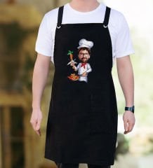 BK Gift Kişiye Özel Erkek Chef Karikatürlü Profesyonel Siyah Mutfak Önlüğü, Aşçı Önlüğü, Şef Önlüğü, Arkadaşa Hediye-3