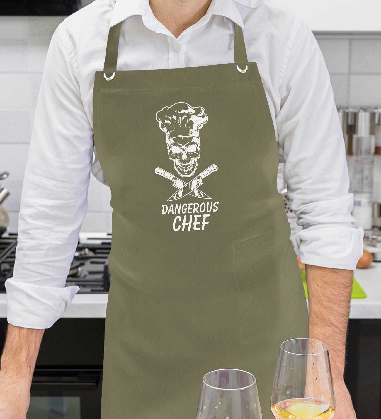 BK Gift Profesyonel Dangerous Chef Tasarımlı Haki Yeşil Mutfak Önlüğü, Aşçı Önlüğü, Şef Önlüğü, Ev Hediyesi, Arkadaşa Hediye-1