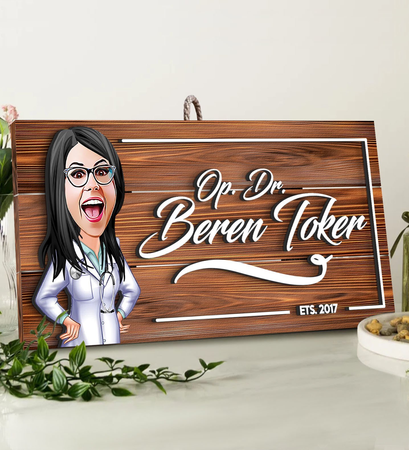 BK Gift Kişiye Özel Doktor Karikatürlü Dekoratif Ahşap Tabela