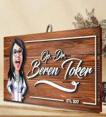 BK Gift Kişiye Özel Doktor Karikatürlü Dekoratif Ahşap Tabela