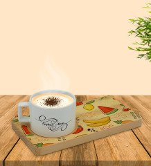 Kişiye Özel Meyveler Tasarımlı Doğal Ahşap Tabaklı Seramik Fincan Sunum Seti  Model 2