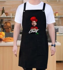 BK Gift Kişiye Özel Erkek Chef Karikatürlü Profesyonel Siyah Mutfak Önlüğü, Aşçı Önlüğü, Şef Önlüğü, Arkadaşa Hediye-4