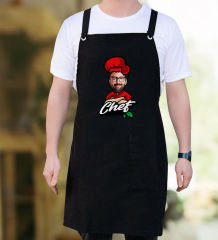 BK Gift Kişiye Özel Erkek Chef Karikatürlü Profesyonel Siyah Mutfak Önlüğü, Aşçı Önlüğü, Şef Önlüğü, Arkadaşa Hediye-4