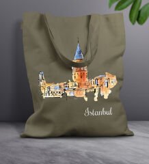 BK Gift İstanbul Tasarımlı-3 Haki Kumaş Bez Çanta, Baskılı Omuz Çantası, Alışveriş Çantası, Arkadaşa Hediye