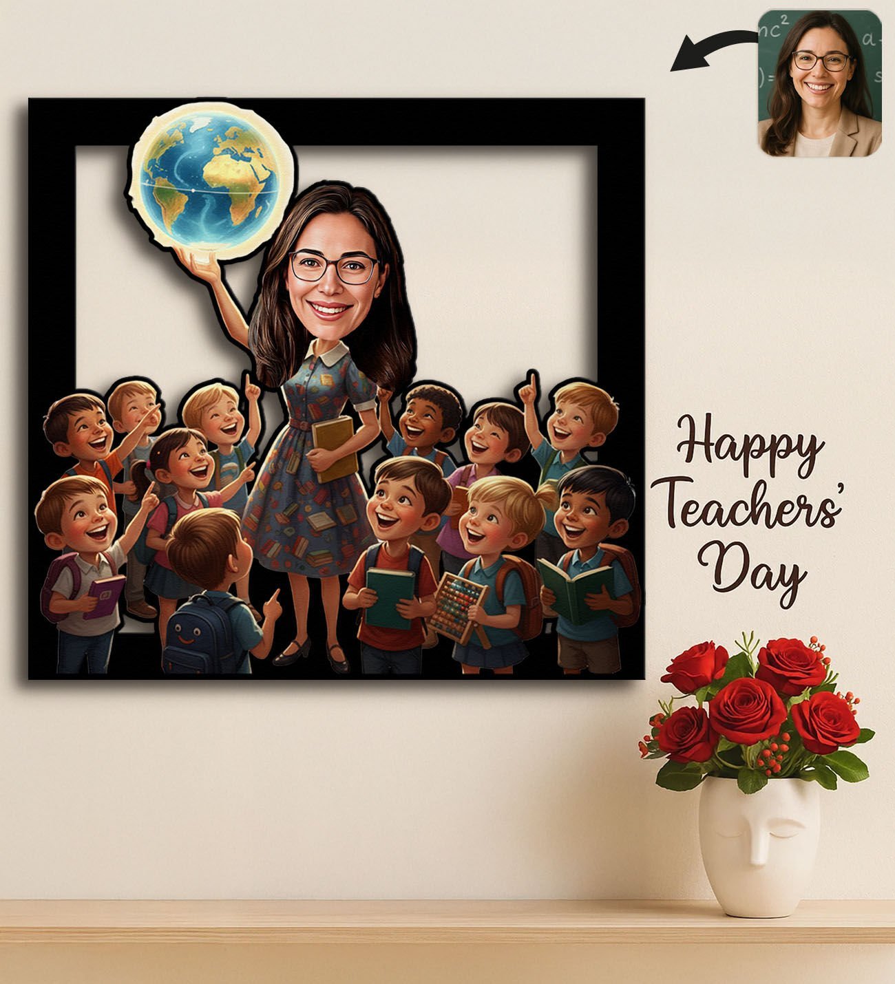 BK Gift Kişiye Özel Kadın Öğretmen Karikatürlü 3D Ahşap Tablo -17, Öğretmene Hediye, Öğretmenler Günü Hediyesi