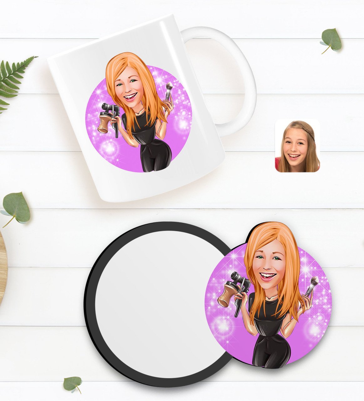 Kişiye Özel Kadın Güzellik Uzmanı Karikatürlü Beyaz Kupa ve Ahşap Bardak Altlığı Hediye Seti-1